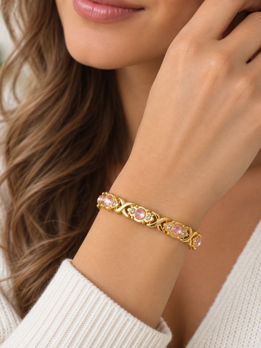 Gold-Tone Pink Crystal Link Bracelet